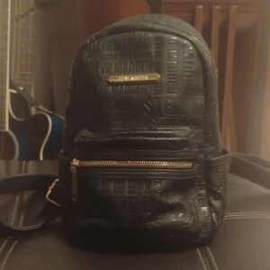 Steve Madden Embossed Logo Black Mini Backpack with Gold Hardware